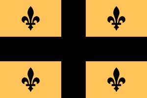 Design by Laqueesha. Author's note: The St. George's Cross represents the British and the flowers represent France, both former rulers of Detroit at one point. Colors: Black represents the citizenry of Detroit and yellow represents gasoline as Detroit is the "Motor City". Like the current flag, the flag is quartered into four sections.