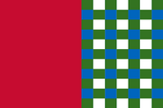 Flag of Sinaloa: Red Filed and White, Blue and Green Quilt on the Right. (July 2020)