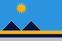 Light blue 'big sky', sun from seal, mountains in the shape of an M, gold and silver (oro y plata) separated by dark blue to follow rules of tincture.