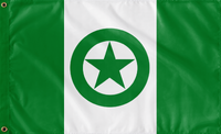 Oregon flag, center. "O" for Oregon, star for one of the 50 U.S. states, green for forests.