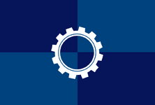 Another design for a Michigan state flag. The four blue quadrants are borrowed from an design by Brandon Hundt (submitted as part of a design contest for a new flag for the city of Rochester, MN.) The cogwheel represents the automobile industry. [Posted by Ken Morton]