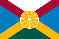 Proposal for a flag for Florida. In the center is the floridian orange. The red, white and yellow in the top half, as well as the diagonal cross, remind us of the Spanish heritage. In the bottom half is the land, with seas on either side and beaches in between. All colors are taken from the old flag and seal.The orange design is by Szwab.