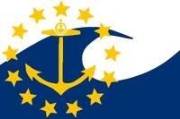Rhode island Wave Flag. Anchor & star wreath over a wave image from a state license plate. Colors: gold for providence, white for hope (state motto), blue for prudence.