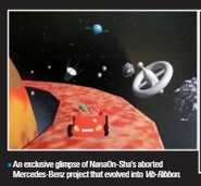 The player character in its earliest stage. It looks to be a red car with some unidentifiable passengers, driving on the outer ring of a planet