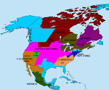 Map of the North American Union and its member states. Member state capitals are simply underlined, the NAU overall capital is underlined and in bold. Areas coloured light blue are not a part of the NAU.