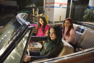 Promo pic: Jade, Tori, and Cat posing in the car outside the gas station