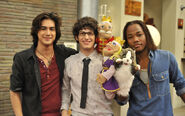 Promo pic: Beck, Robbie, and André with their 3 puppets