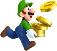 Artwork of Luigi holding coins, from New Super Mario Bros. 2