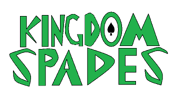 The fourth Kingdom Spades video game title logo painted in green with the black spade symbol in the hollow portion of the letter "o" in the word "Kingdom".