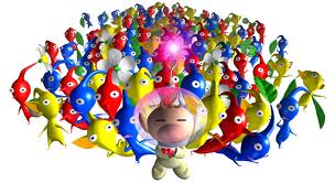 Olimar and a group of Pikmin behind him.