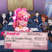 "I still can't believe that I am the new protector of Atreno, my followers!! I am so happy that I would like to present this check worth $5,000 to the Parasol Society of Atreno on behalf of Freez-O' and Miss Heed!! I am sure that this small donation will help the Umbras that I will protect with my life! Thank you very much to the Parasol Society for all your work, and remember that #SuivezMoi will soon arrive in stores!!"