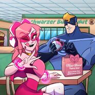 "Hello my followers! Just stopping by Schwarzer Burger Hut for a quick meal with my friend, the gallant Omega! He seems to like the toy Heed-Cam that came with his meal! Isn't it just so cute?"