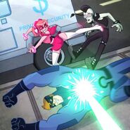 "We know we're close to finding Coyote when we stumble upon his lackeys! Luckily, they're no match for myself and Omega, though I imagine Coyote will put up more of a fight! Isn't my Heed-cam so cool, my followers? Look how well it captured Omega's super fast movements!"