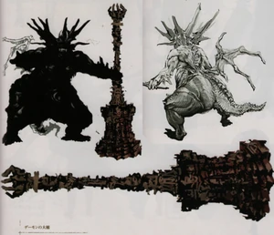 Concept art of the Asylum Demon and its Demon's Great Hammer.