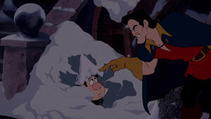 Gaston telling LeFou to remain at Belle's house until she returns with Maurice.