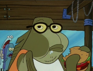 Bubble Bass eating a krabby patty.