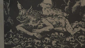 An ancient drawing of the Clöyne resting on the bones of its victims