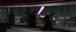 As they moved out onto the wind-blown ledge, Sidious re-allocated some of his energy from the Force-powered speed he was assailing.