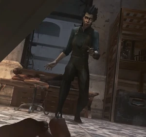 Grim Alex approaches as the protagonist is hidden underneath the shelf