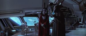 Gunray watching the Jedi being overwhelmed by shield-generated droidekas.