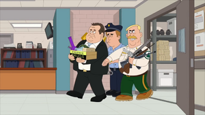 Woody and Todd robbing a police station of its drugs, assaulting a cop on their way out.