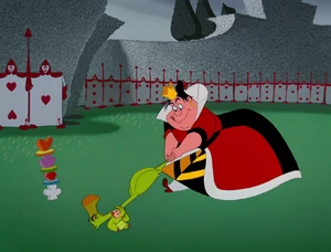 The Queen of hearts playing croquet with flamingos and hedgehogs.
