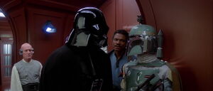 Boba Fett speaks to Darth Vader about the bounty on Solo's head.