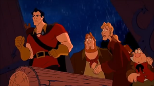 LeFou and the buddies being uncomfortable as Gaston leads them inside the castle.