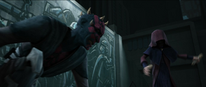 Maul was ultimately outclassed by the more experienced and skilled Dark Lord of the Sith and disarmed.