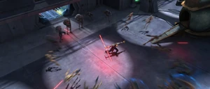 Savage uses a Force pulse on a battalion of droids.
