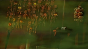 Dozens of dolls in Willy's house being awakened by Pecas' gas.