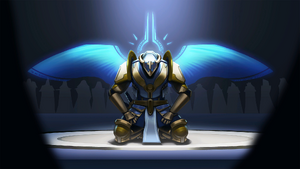 Gabriel kneeling before the Council after failing to kill V1, just before he is punished for said defeat.