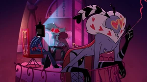 A flashback of Vox hypnotising Angel Dust during the events of "Masquerade", revealing that he’s been using him as a spy for the hotel for months before the first hotel was destroyed and Adam’s demise.