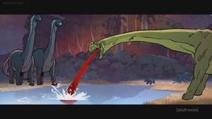 The Argentinosaur vomiting blood into a lake, much to the rest of its kind’s concern.