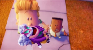 Poopypants rides on a bee.