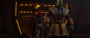 Ziton Moj brings Maul, Savage, and Vizsla into the council chambers.