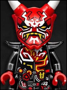 Mr. E's minifigure wearing the Oni Mask of Vengeance