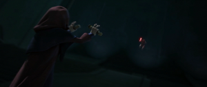 Maul attempted to finish the duel with an overhead power blow, but Sidious used the Force to push Maul into a stone wall.