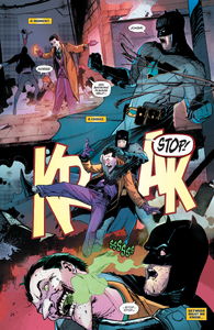 The Joker's toxin leaving his mouth and entering into Batman's nose, leading to his corruption in The Batman Who Laughs.