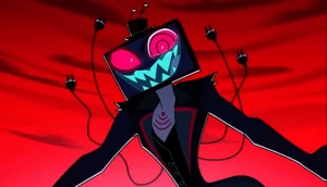 "Three for the price of one!" Vox preparing to take out Alastor, Charlie, and Emily.