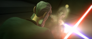 Ventress attacked Dooku with a lightsaber, beginning their duel in the Count's bedroom.