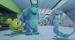 Randall gets annoyed as Sulley and Mike bump into him, making him change into the same colors as the former.