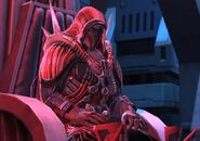 Darth Marr siting on one of the seats of the Dark Council