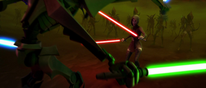 With their respective armies holding their distance, Ventress met Grievous in the no-man's land and challenged him to single combat.