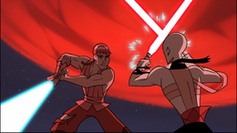 The lightsaber duel soon resumed its violent tattoo under Yavin's red moon.