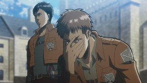 Bertolt reunited with the rest of the troops to defend Wall Rose against the invasion caused by himself, avoiding meeting the eyes of Jean lamenting his own bad luck and fate.