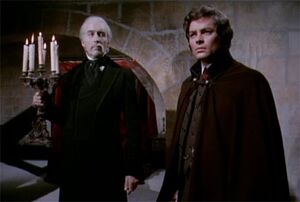 Dracula welcoming Harker to his castle.