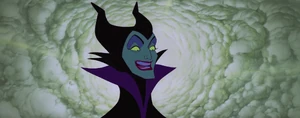 Maleficent laughing evilly as she watches Phillip getting trapped within her forest of thorns.