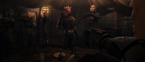 The Mandalorian Death Watch troopers surrounded Maul aiming their weapons at him.