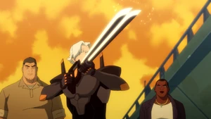 Slade preparing to shoot Superman down.